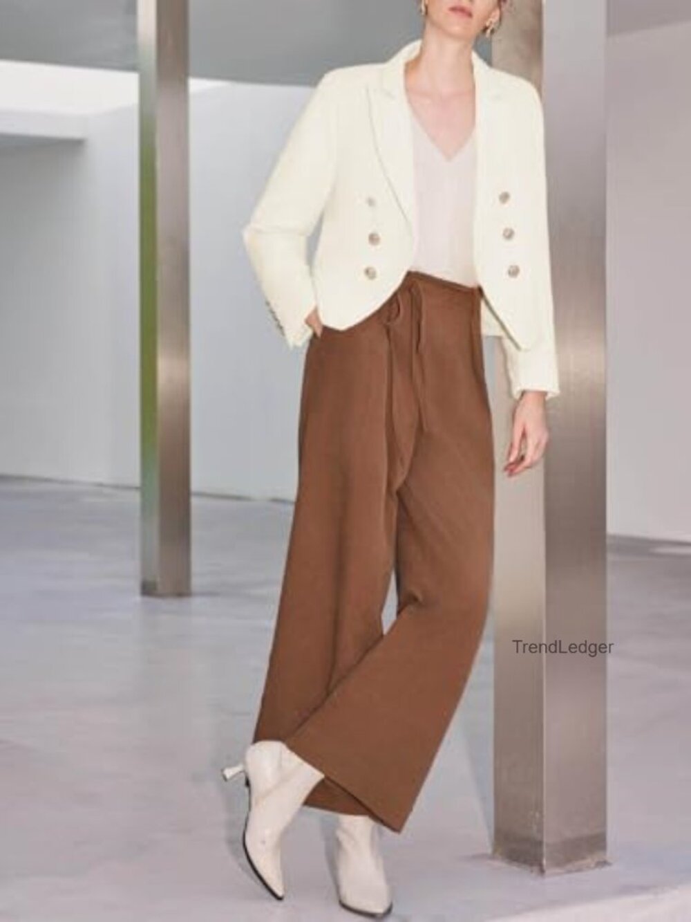 Cropped Tweed Blazer Jacket Open Front Long Sleeve Business Suit with Pockets - Picture 5 of 7